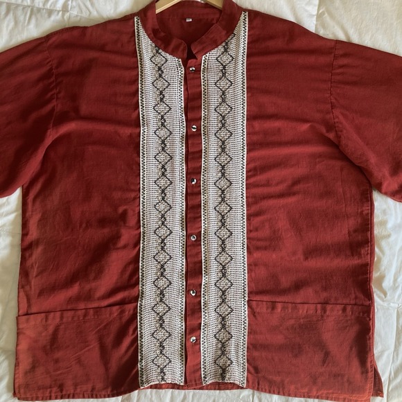 Guayabera Mexican Shirt Cotton Linen Mens 3X Brick Red Boho Embroidery Festival - Picture 3 of 13